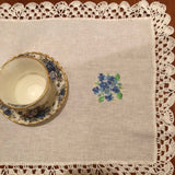 HANDMADE WHITE LINEN DOILY WITH CROCHET EDGING AND FLOWERS, 14 X 22 INCHES