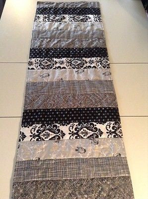 Handmade Black,White and Gray Patchwork Quilted Table Runner /Scarf 16 x 53 ins