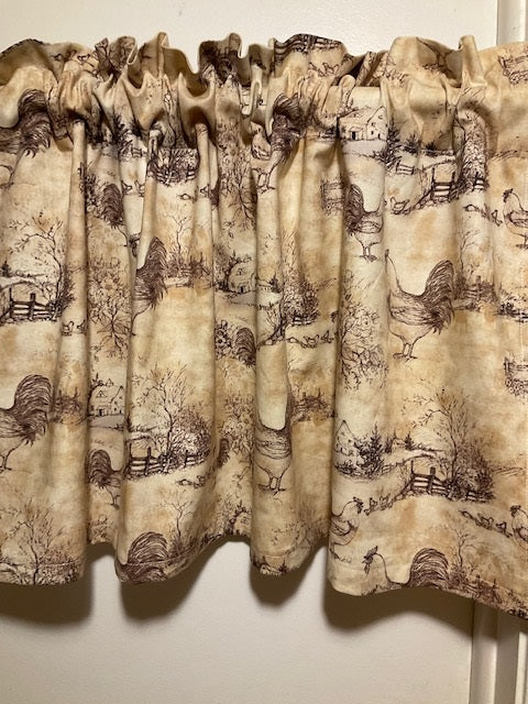 HANDMADE CHICKEN/ROOSTER TOILE VALANCE,42 INCHES x 15 INCHES