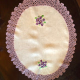 HANDMADE VINTAGE STYLE OVAL WHITE DOILY WITH LILAC CROCHET EDGING , 21 X 17 INCHES