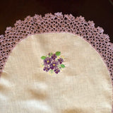 HANDMADE VINTAGE STYLE OVAL WHITE DOILY WITH LILAC CROCHET EDGING , 21 X 17 INCHES