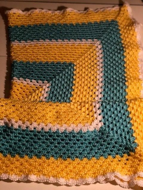 HANDMADE CROCHETED AFGHAN /BLANKET TURQUOISE,YELLOW +WHITE , READY TO SHIP