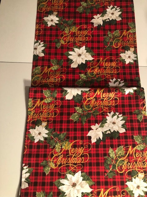HANDMADE RED PLAID AND FLORAL CHRISTMAS TABLE RUNNER 15 x 70 inches