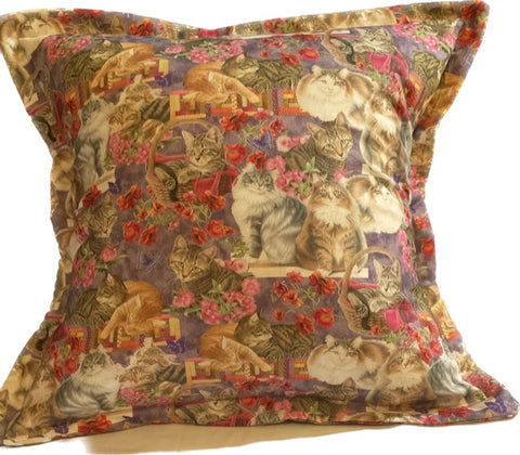 HANDMADE CAT AND FLOWERS PILLOW COVER/CASE WITH FLANGE